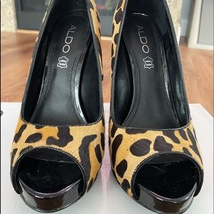 Size 6 Aldo heels. Leopard print with a short hair-like texture.